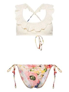 Zimmermann Cream Lace Ruffle Bikini Top with Floral Tie-Side Bottoms
